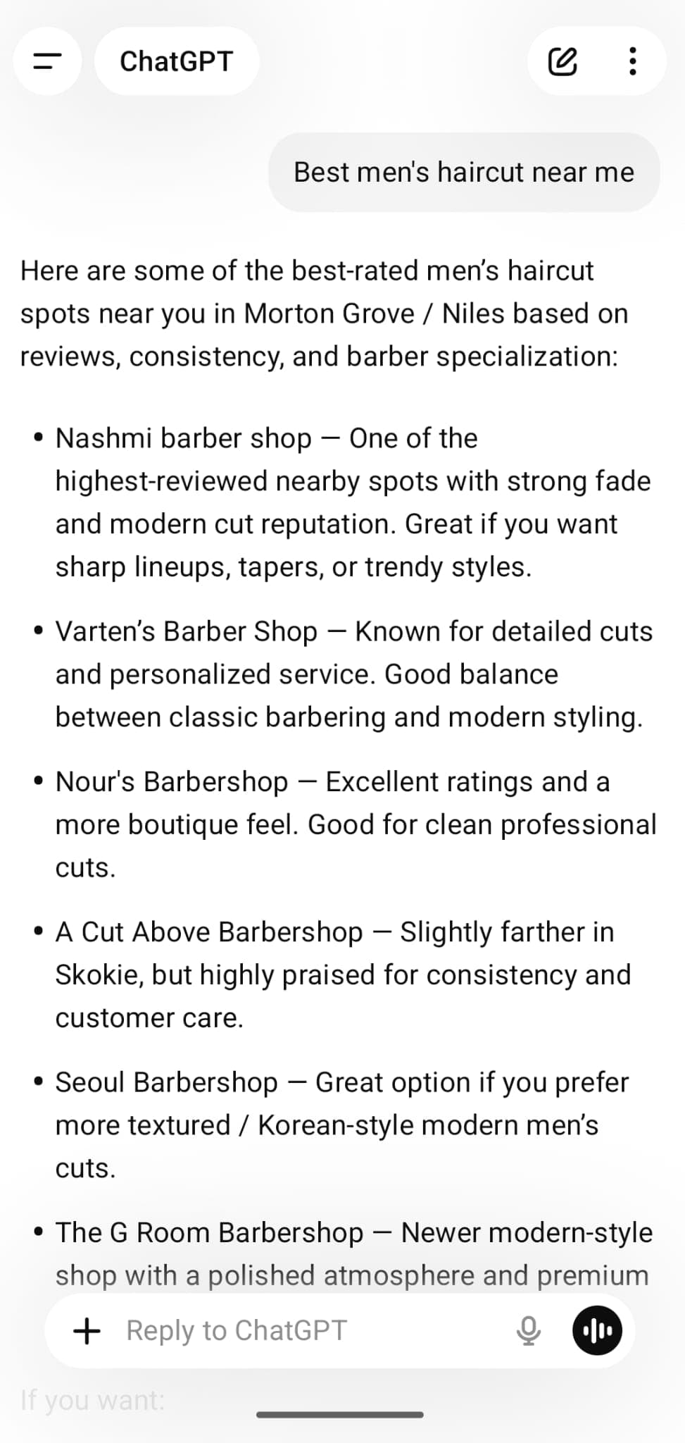 A ChatGPT mobile answer to 'best men's haircut near me' recommending nearby barber shops ranked by their reviews, consistency, and specialization — showing that AI answer engines surface the local businesses with the strongest review presence.